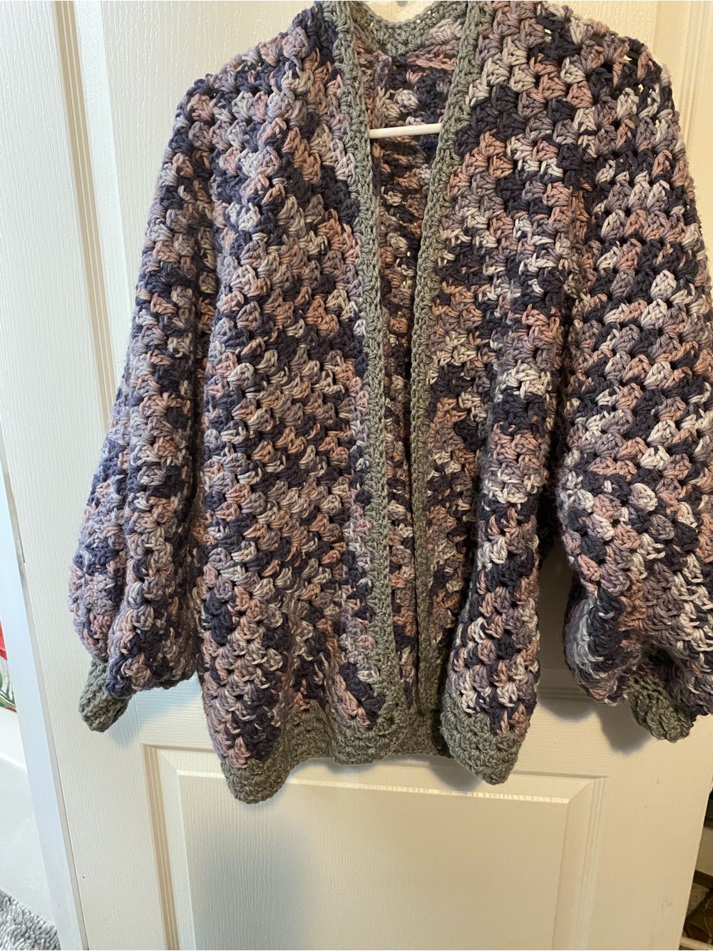 Chunky Crochet Open-Front Cardigan Sweater - Pink & Gray